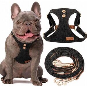 Puppytie Dog Harness Multifunction Leash Set Black Denim Small No Pull